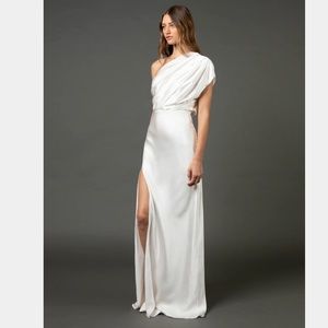 Michelle Mason Silk Asymmetrical Open Back Draped Gown - Ivory